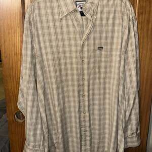 Vintage Façonnable Men's Tan and White Plaid Button Down Shirt
